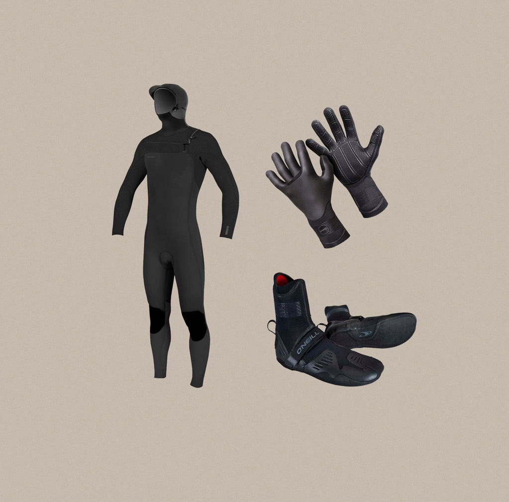 A winter wetsuit product bundle for men from O'Neill including the Hyperfreak 5.5/4mm fullsuit, 5mm gloves, and 5mm boots.