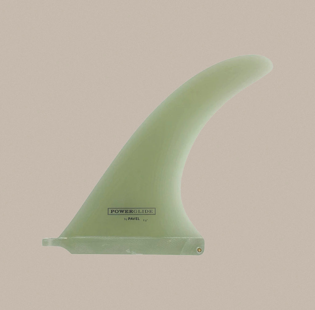 A True Ames 9.6" Pavel Powerglide single fin in clear.