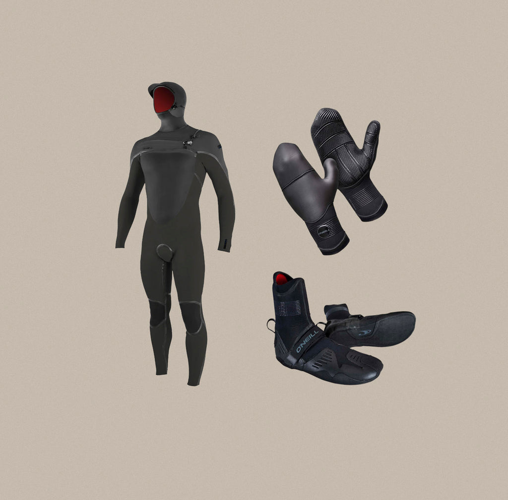 A winter wetsuit bundle for men including the Psycho Tech 5mm full suit, 5mm Mittens, and 7mm Boots.