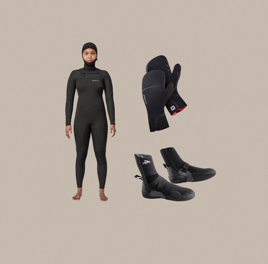 A winter wetsuit bundle for women including the Patagonia R4 Yulex Regulator full suit, R5 Mitts, and R5 Round Toe Boots.