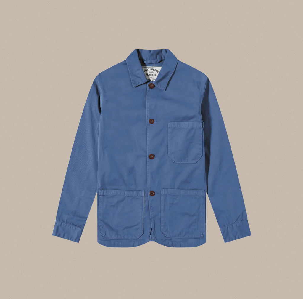 The Labura Blue jacket is an unlined chore coat from Portuguese Flannel.