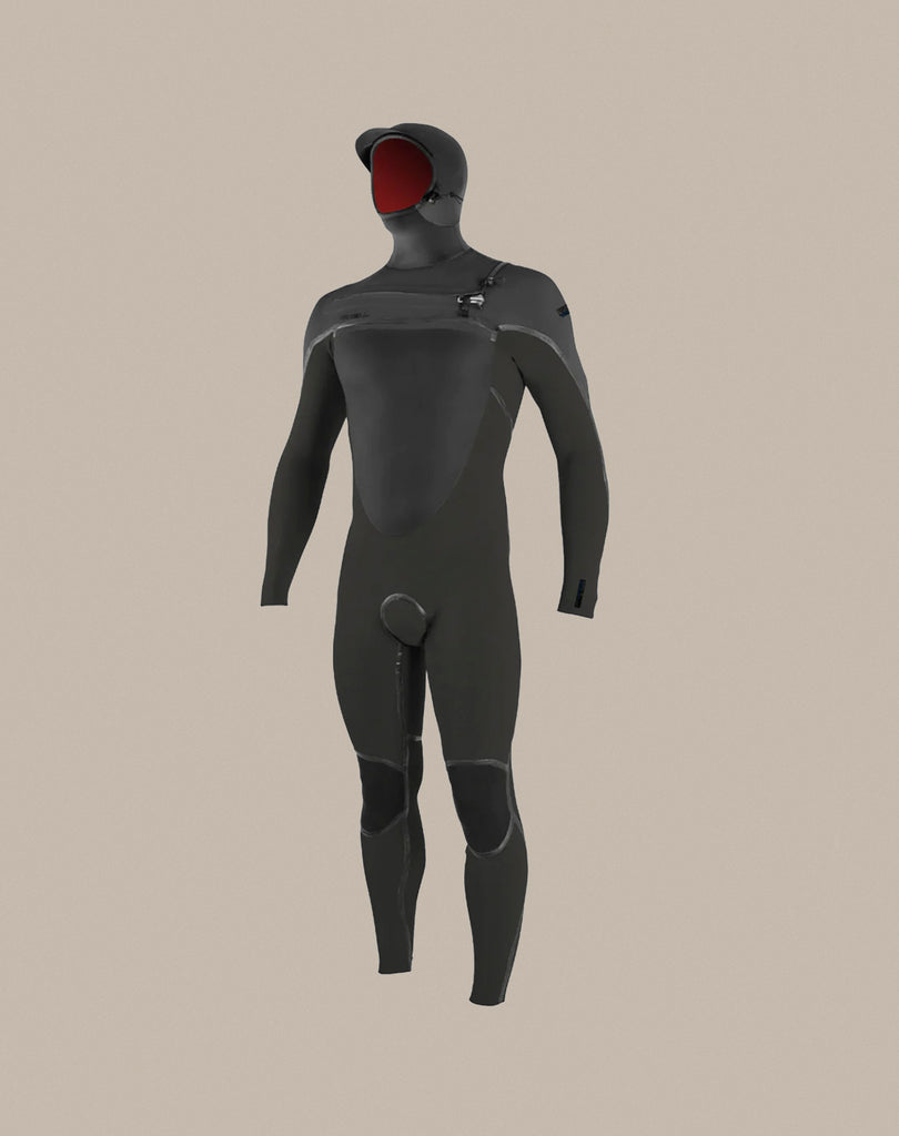 The front side of an O'Neill Psycho Tech 5.5/4mm chest zip wetsuit with a hood.